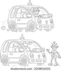 Gracioso robot de juguete conduciendo un auto eléctrico lindo, ilustraciones de dibujos animados vectoriales en blanco y negro aisladas en un fondo blanco