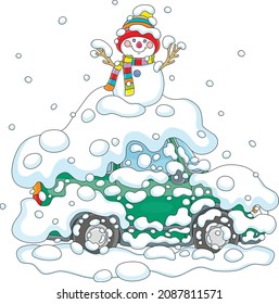 Funny toy snowman with a colorful warm hat and a striped scarf on a snow-covered roof of a car on a snowy winter day, vector cartoon illustration isolated on a white background