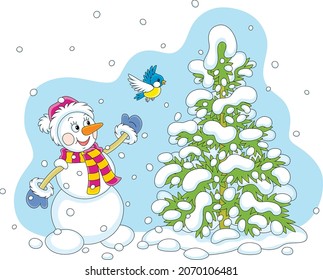 Funny Spielzeugschneemann freundlich lächeln und spielen mit einem fröhlichen kleinen Vogel in der Nähe einer hübschen grünen Tanne in einem schneebedeckten Park an einem kalten Wintertag, Vektorgrafik einzeln auf Weiß
