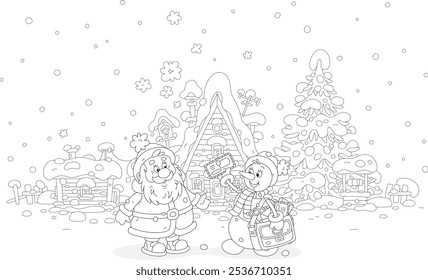 Funny toy snowman postman with letters from little children to Santa Claus, black and white outline vector cartoon illustration for a coloring book