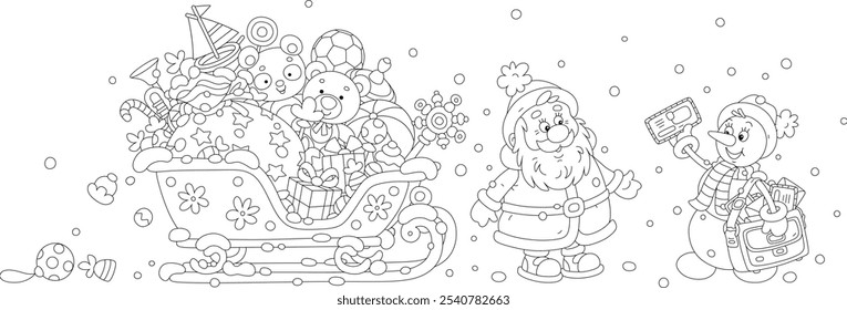 Funny toy snowman postman with letters from little children to Santa Claus preparing his sleigh with Christmas gifts for a magical journey, black and white vector cartoon illustration