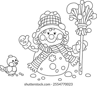 Funny toy snowman with a small bird, wearing a scarf, a hat and mittens, holding a shaggy broom, friendly smiling and waving in greeting, black and white outline vector cartoon illustration