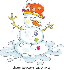 Funny toy snowman with a spotted kitchen pan and a tasty sweet carrot thawing in a puddle on a warm spring day, vector cartoon illustration isolated on a white background