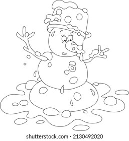 Funny toy snowman with a spotted kitchen pan and a tasty sweet carrot thawing in a puddle on a warm spring day, black and white vector cartoon for a coloring book page