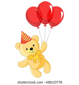 Funny toy teddy bear flying on a bunch of balloons. Background for greeting card.