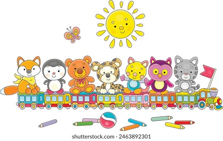 Funny toy train with cute cartoony baby animals, a smiling yellow sun, color bricks and pencils in a kindergarten, vector cartoon illustration on a white background