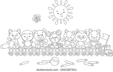 Funny toy train with cute cartoony baby animals, a smiling sun, bricks and pencils in a kindergarten, black and white outline vector cartoon illustration for a coloring book
