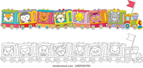 Divertido tren de juguete con dibujos animados lindos animales de bebé, color y contorno blanco y negro ilustraciones de dibujos animados de Vector