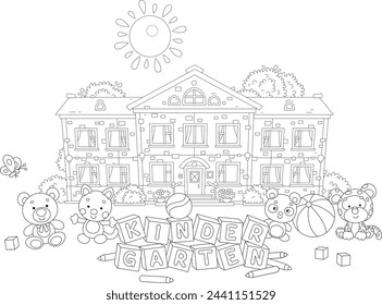 Funny toys with cute cartoony baby animals and bricks in front of a pretty kindergarten with trees and bushes on a sunny day, black and white outline vector illustration for a coloring book