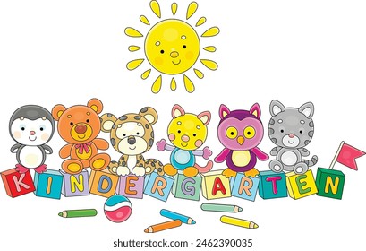 Funny toys with cute cartoony baby animals and a smiling sun, colorful bricks with letters, color pencils and a ball in a kindergarten, vector cartoon illustration on a white background