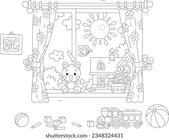 Funny toys in a nursery room with a window, curtains and a sunny summer landscape in a background, black and white outline vector cartoon illustration for a coloring book