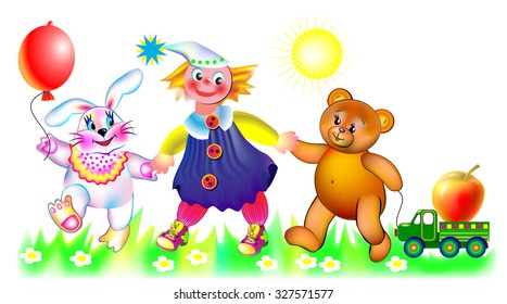 Funny toys on a walk, vector cartoon image.