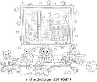 Juguetes divertidos esparcidos después de un juego alegre en una sala de viveros con un bonito pueblo pequeño fuera de una ventana, ilustración vectorial de contorno en blanco y negro para una página de libros de colorido