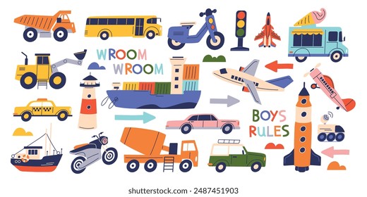 Funny toys vehicles. Set of cute stickers with childrens cars, water transport, airplane, tractor, truck and motorcycle. Baby items for play. Flat vector illustration collection isolated on background