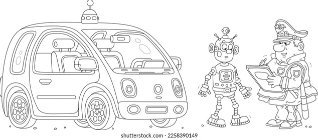 Funny traffic cop making a fine to an inattentive robot driver on a self driving car during patrolling on a road, black and white outline vector cartoon illustration for a coloring book