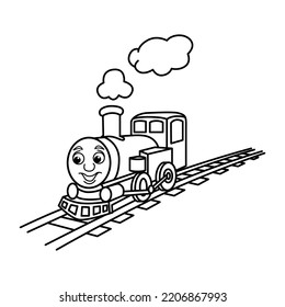 Funny train cartoon characters with cute face vector illustration. For kids coloring book.