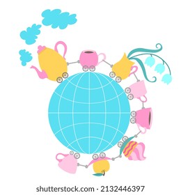 A funny train in the form of a teapot and a train of tea and coffee cups, a saucer with a cake, plates with an apple, a vase with flowers goes around the globe isolated on a white background in vector