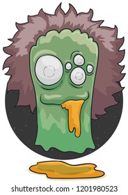 Funny translucent ghost with many eyes and wearing a wig, floating and trying to scare you, also with some slime in its mouth.