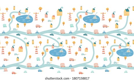 Gracioso mapa de transporte para el fondo infantil. Frontera perfecta con coches, autobuses y lagos. Mapa de la ciudad con casas y carreteras. Vector