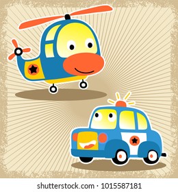 funny transportation cartoon vector, patrol car with helicopter