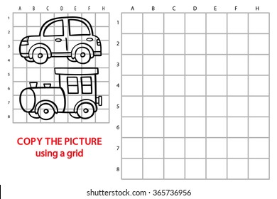 funny transportation game. Vector illustration of grid copy puzzle with cartoon car and train for children