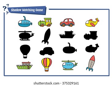 funny transportation shadow  game. Vector illustration of shadow matching game with  cartoon transportation  for children