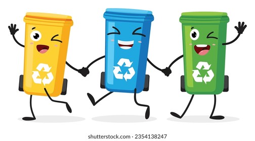 Funny trash bin cartoon characters, isolated on white background