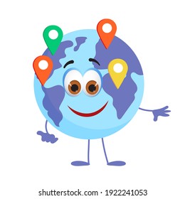 Kollektion von lustigen Reiseobjekten: Funny Earth Globe auf weißem Hintergrund, flache Vektorgrafik