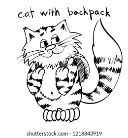 Funny  traveler kitty. Outline cat with backpack. Animal design for print invitation, post card. Infantile doodle cat for coloring book for kids. 
