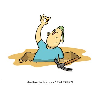 Funny treasure hunter with a coin in his hand. Cartoon archaeologist sticking out of an excavation pit. Flat vector illustration, isolated on white background.