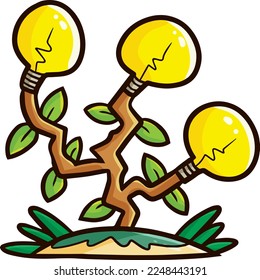 Funny tree with bulb lamp fruit cartoon illustration
