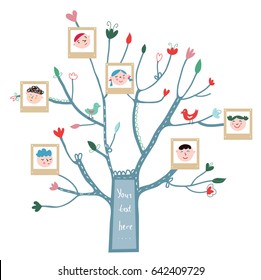 Funny tree card with family portraits and kids, cute design. Vector graphic illustration