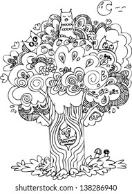 Funny tree with cute howls, black and white sketchy doodle.