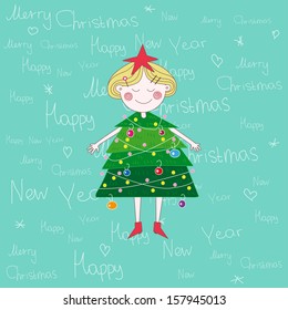 Funny tree girl. Cartoon Christmas card. 
