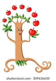 Funny tree juggles red apples. Cartoon vector illustration. 
