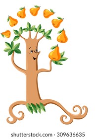Funny tree juggles yellow pears. Cartoon vector illustration. 