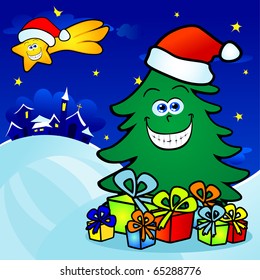 A funny tree laden with gifts smiles during the night of Christmas, vector