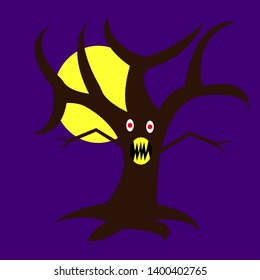 Funny tree monster on a purple background with a bright yellow moon. Halloween concept and nature character for design.