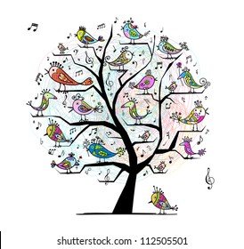 Funny tree with singing birds for your design