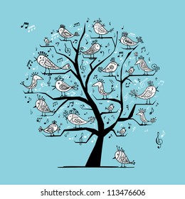 Funny tree with singing birds for your design