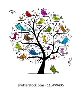 Funny tree with singing birds for your design