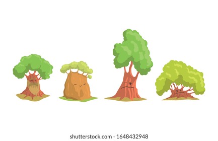 Funny Trees Cartoon Characters Collection, Humanized Trees with Cute Faces Showing Various Emotions Vector Illustration