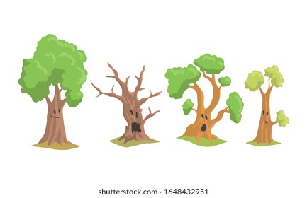 Graciosa colección de personajes de dibujos animados de árboles cómicos con caras reducidas que muestran diversas emociones ilustraciones vectoriales