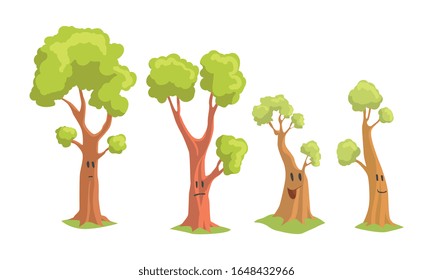 Funny Trees Cartoon Characters Collection, Tree with Human Faces Showing Various Emotions Vector Illustration