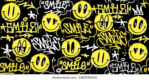 Funny Trendy Abstract Street Art Graffiti Style Happy Smiling Face Emoji Sticker Seamless Backgroun