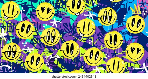 Divertido estilo Abstractas de moda del graffiti de la calle de la cara sonriente feliz ilustración de fondo del emoticono