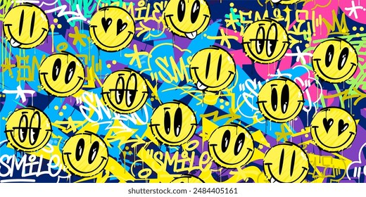 Funny Trendy Abstract Street Art Graffiti Style Happy Smiling Face Emoji Background Illustration