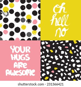 Funny trendy colorful hand lettering typography awesome hugs and abstract organic paint background pattern set in vector