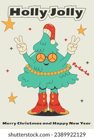 Funny trendy groovy poster, template, print, cover with a Christmas tree in hippie glasses and cowboy boots. Comic New Year and Christmas character. Flat vector illustration.