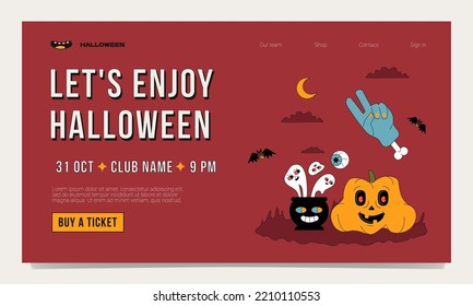 Funny trendy landing page template for a Halloween party. Outlined design with pumpkin, bats, ghosts and hands with bone.